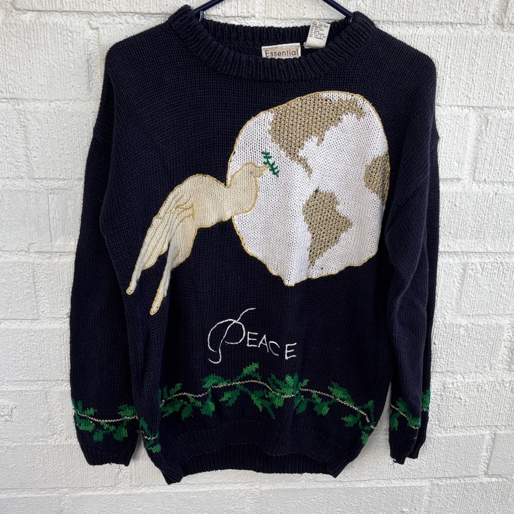 Essential Elements Peace Knit Vintage Navy World Peace Sweater sz M